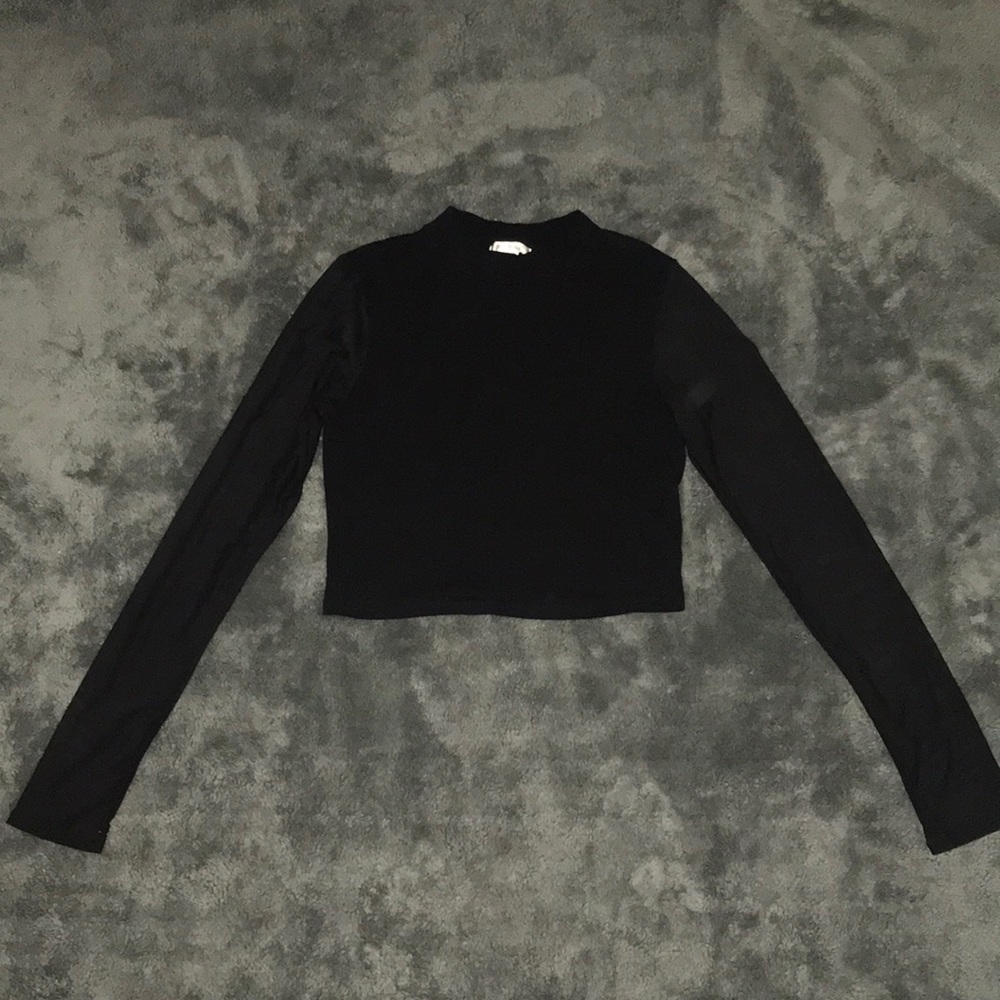 Black mesh sleeve mock neck top